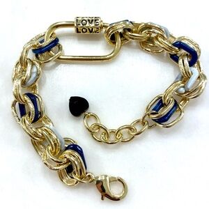 Gold-Tone Chain Bracelet with Blue & White Enamel Links and LOVE Accent
